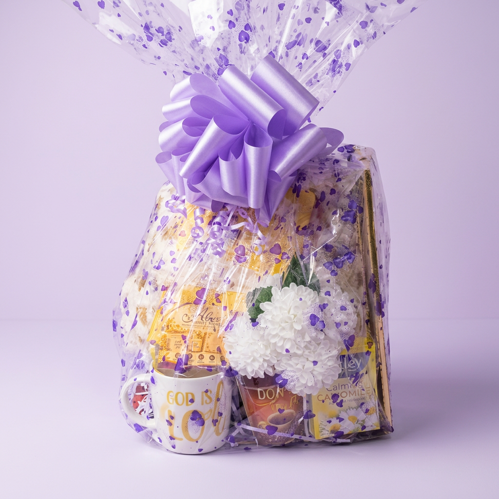 Wrapped sympathy gift tray with a soft lavender background and envelope removed